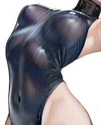 Rule 34 | 1girl, arched back, armpits, black leotard, commentary request, covered navel, cyberpunk (series), cyberpunk edgerunners, groin, leotard, lucy (cyberpunk), navel, navel focus, nyatabe, see-through, see-through leotard, simple background, skin tight, solo, white background