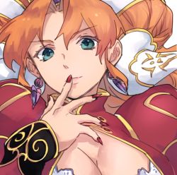 Rule 34 | 1girl, absurdres, breasts, cleavage, closed mouth, earrings, grandia, grandia ii, green eyes, hamagurihime, highres, jewelry, long hair, looking at viewer, millenia (grandia), nail polish, orange hair, simple background, smile, solo, white background