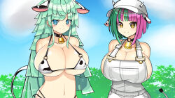 2girls 4shibashiba8 animal_ears animal_print bikini blue_eyes blunt_bangs blush bob_cut breasts closed_mouth commentary_request cow_ears cow_girl cow_print cow_print_bikini cow_tail deep_skin diagonal_bangs dolphin_wave fake_animal_ears fake_tail green_hair helly_lewis huge_breasts long_hair looking_at_viewer multicolored_hair multiple_girls outdoors overalls pink_hair pov print_bikini pubic_hair selena_lewis short_hair siblings sidelocks sisters split-color_hair swimsuit tail two-tone_hair upper_body white_bikini white_overalls yellow_eyes