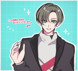 Rule 34 | 1boy, artist name, bad anatomy, black jacket, blue background, blue eyes, border, brown hair, commentary request, earrings, grey shirt, grin, highres, indie virtual youtuber, jacket, jewelry, looking at viewer, male focus, outline, parted bangs, shirt, sketch, smile, solo, sparkle, sunaba reisei, translation request, turtleneck, upper body, virtual youtuber, waving, white border, white outline, yuz pink0612