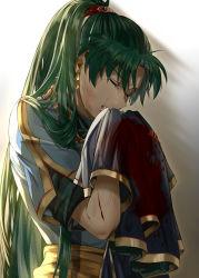 Rule 34 | 1girl, backlighting, blood, blood on clothes, blue dress, clenched teeth, crying, delsaber, dress, earrings, fire emblem, fire emblem: the blazing blade, green hair, highres, holding, holding clothes, jewelry, long hair, lyn (fire emblem), nintendo, ponytail, scratches, teeth