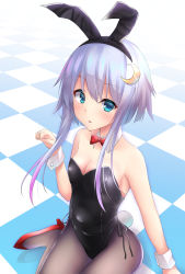 Rule 34 | 1girl, animal ears, bare shoulders, black leotard, black pantyhose, blue eyes, blush, buttons, checkered floor, collarbone, crescent, crescent hair ornament, detached collar, fake animal ears, fake tail, hair between eyes, hair ornament, high heels, highres, kamijou sadame, kantai collection, leotard, long hair, pantyhose, parted lips, playboy bunny, purple hair, rabbit ears, rabbit tail, red footwear, short hair with long locks, solo, tail, wrist cuffs, yayoi (kancolle)