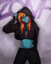 Rule 34 | 1girl, :p, against wall, arm behind back, black hoodie, black pants, black sports bra, blue skin, breasts, colored skin, commentary, contemporary, cropped hoodie, english commentary, fang, fashion, graffiti, head tilt, highres, hood, hood up, hoodie, long hair, medium breasts, midriff, navel, orange eyes, orange hair, original, pants, qtori, scar, scar on face, scar on nose, sports bra, standing, stomach, toned, tongue, tongue out, zona (qt0ri)