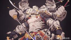 Rule 34 | 1boy, abs, animal ears, bara, bare pectorals, clothes down, extra arms, fighting stance, furry, furry male, highres, holding, holding sword, holding weapon, huge pectorals, japanese clothes, ju neng binggui, katana, kimono, large hands, large pectorals, male focus, multiple heads, multiple wielding, muscular, muscular male, nipples, open clothes, open kimono, original, pectorals, pelvic curtain, serious, shrug (clothing), solo, standing, stomach, sword, thick eyebrows, tiger boy, tiger ears, too many weapons, weapon, weapon in mouth, white fur