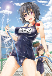Rule 34 | 4girls, absurdres, black hair, broom, brown eyes, cameltoe, chain-link fence, cleaning brush, fence, highres, hose, impossible clothes, impossible swimsuit, long hair, multiple girls, one-piece swimsuit, original, purple eyes, school swimsuit, shiny clothes, short hair, skindentation, swimsuit, takagi goya, water, wet, wet clothes