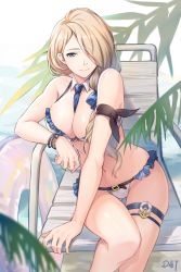 Rule 34 | 1girl, arm support, bare shoulders, beach chair, between breasts, bikini, blonde hair, blue eyes, blue necktie, bracelet, breasts, cleavage, closed mouth, da-cart, detached collar, fern, fire emblem, fire emblem: three houses, frilled bikini, frills, hair over one eye, highres, innertube, jewelry, large breasts, long hair, looking at viewer, mercedes von martritz, necktie, necktie between breasts, nintendo, ocean, sand, sitting, smile, solo, swim ring, swimsuit, thighlet, water, white bikini