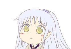 Rule 34 | 1girl, :&lt;, angel beats!, blush, closed mouth, commentary, commentary request, cowlick, from side, gyate gyate, hair ornament, hairclip, jacket, key (company), long hair, looking to the side, neck ribbon, ribbon, school uniform, shirt, silver hair, simple background, solo, sweatdrop, taeminhyeon, tenshi (angel beats!), upper body, white background, white shirt, yellow eyes
