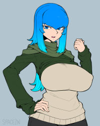Rule 34 | 1girl, blue eyes, blue hair, breasts, covered erect nipples, flat color, gradient hair, hand on own hip, huge breasts, impossible clothes, impossible sweater, long hair, matching hair/eyes, multicolored hair, original, ponytail, puffy nipples, shawl, solo, spacezin, sweater, zoe (spacezin)