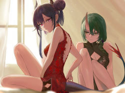 Rule 34 | 2girls, arknights, bare legs, black dress, blue hair, braid, breasts, brown eyes, ch&#039;en (ageless afterglow) (arknights), ch&#039;en (arknights), china dress, chinese clothes, cleavage, cleavage cutout, closed mouth, clothing cutout, double bun, dragon horns, dragon tail, dress, green hair, hair over shoulder, highres, horns, hoshiguma (arknights), indoors, koio, long hair, multiple girls, official alternate costume, pink eyes, red dress, shorts under dress, sidelocks, single braid, single horn, sitting, small breasts, tail
