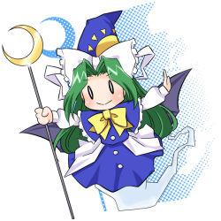 Rule 34 | 1girl, bad id, bad pixiv id, bat wings, chibi, crescent, female focus, ghost, ghost tail, green hair, hat, kairakuen umenoka, mima (touhou), mystic square, outstretched arms, ribbon, solo, spread arms, staff, touhou, touhou (pc-98), wings, wizard hat