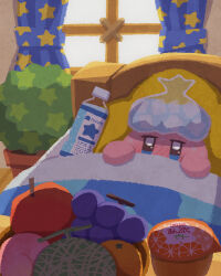Rule 34 | apple, bag, bed, blue eyes, blush, bottle, bowl, cantaloupe, curtains, fever, food, fruit, grapes, highres, ice, ice cube, kirby, kirby (series), looking at viewer, miclot, nintendo, no humans, peach, plant, potted plant, under covers, window