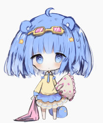 Rule 34 | 1girl, :o, animal ears, bad id, bad pixiv id, barefoot, blanket, blue bow, blue eyes, blue hair, blue necktie, blush, bow, chibi, collared shirt, commentary request, cottontailtokki, eyewear on head, frilled pillow, frills, full body, grey background, hair ornament, highres, holding, holding blanket, long sleeves, necktie, hugging object, original, parted lips, pillow, pillow hug, pink-tinted eyewear, shirt, simple background, skirt, solo, standing, star (symbol), star hair ornament, tail, tinted eyewear, white skirt, yellow-framed eyewear, yellow shirt