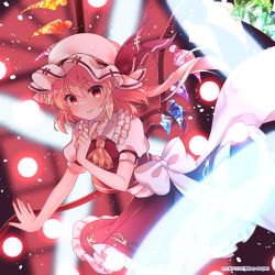 Rule 34 | 1girl, ascot, blurry, blush, bow, cacao (cacaomgmg), closed mouth, copyright notice, crystal, danmaku, depth of field, feet out of frame, flandre scarlet, floral print, frilled shirt collar, frills, hand up, hat, highres, index finger raised, looking at viewer, medium hair, mob cap, one side up, petticoat, puffy short sleeves, puffy sleeves, red eyes, red skirt, red vest, short sleeves, skirt, smile, solo, touhou, touhou lostword, vest, white bow, white hat, wings, yellow ascot