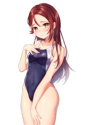 Rule 34 | 1girl, bare arms, bare shoulders, blush, breasts, brown eyes, closed mouth, collarbone, competition swimsuit, covered navel, cowboy shot, hand on own chest, hand up, long hair, looking at viewer, love live!, love live! sunshine!!, medium breasts, moyui (myi 005), nose blush, one-piece swimsuit, red hair, sakurauchi riko, sidelocks, simple background, solo, standing, swimsuit, thighs, white background