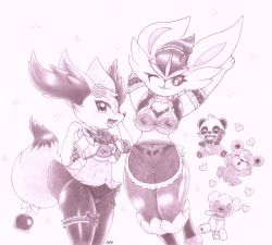 Rule 34 | 2girls, 3boys, @ @, animal ear fluff, animal ears, animal hands, animal nose, apron, arm garter, arm up, arms up, artist name, blush, bra, braixen, breasts, bridal garter, cameltoe, candy apple, cinderace, cleft of venus, covering crotch, covering privates, creatures (company), cubchoo, detached collar, erection, fangs, flower, food, fox ears, fox girl, fox tail, full body, fullfolka, furry, game freak, gen 2 pokemon, gen 5 pokemon, gen 6 pokemon, gen 8 pokemon, hair flower, hair ornament, hair ribbon, hand up, happy, heart, highres, leg up, lingerie, looking at viewer, medium breasts, monochrome, multiple boys, multiple girls, navel, nintendo, nipples, nose bubble, one eye closed, open mouth, own hands together, pancham, panties, pawpads, penis, pink background, pink theme, pokemon, pokemon (creature), pussy, rabbit ears, rabbit girl, ribbon, see-through, short hair, side-tie panties, signature, simple background, sitting, smile, snout, sparkle, spread legs, standing, standing on one leg, stomach, tail, teddiursa, testicles, traditional media, uncensored, underboob, underwear, underwear only, v arms, waist apron, wavy mouth, wink