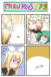 Rule 34 | 2girls, 4koma, :t, ^^^, bad food, blonde hair, blue eyes, candy, catstudioinc (punepuni), chibi, chocolate, chocolate heart, comic, drill hair, eating, food, green hair, hair ornament, hair ribbon, hairclip, hatsune miku, heart, highres, kagamine rin, lying, multiple girls, o o, on stomach, open mouth, ribbon, shaded face, surprised, thai text, translation request, twin drills, vocaloid