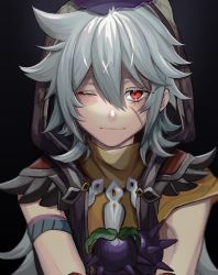 Rule 34 | 1boy, berry, black background, blush, closed mouth, commentary request, food, fruit, genshin impact, grey hair, hair between eyes, highres, hood, hood up, hooded jacket, jacket, leaf, long hair, looking at viewer, male focus, nakura hakuto, one eye closed, razor (genshin impact), red eyes, scar, scar on face, short sleeves, simple background, smile, solo, spikes