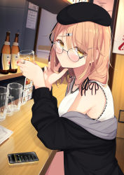 Rule 34 | 1girl, absurdres, beret, black hat, black jacket, blush, bottle, breasts, brown eyes, brown hair, cellphone, closed mouth, commentary request, cup, drinking glass, glasses, hair between eyes, hair ornament, hairclip, hat, highres, holding, holding cup, indoors, jacket, long hair, long sleeves, looking at viewer, looking to the side, medium breasts, off shoulder, open clothes, open jacket, original, phone, ribbon-trimmed shirt, round eyewear, sasahara wakaba, shirt, sleeveless, sleeveless shirt, solo, white shirt