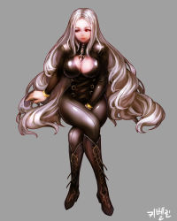 Rule 34 | 1girl, bad id, bad pixiv id, blush, bodysuit, breasts, cleavage, cleavage cutout, clothing cutout, crossed legs, dungeon and fighter, highres, kibellin, large breasts, long hair, looking at viewer, smile, solo, white hair