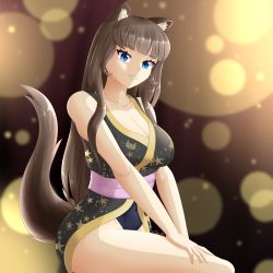 Rule 34 | 1girl, absurdres, animal ears, bare shoulders, black kimono, blue eyes, breasts, brown hair, brown tail, cat ears, cat girl, cleavage, female focus, fluffy, highres, japanese clothes, kimono, long hair, looking at viewer, obi, original, sash, simple background, smile, star (symbol), star print, takie, takie arts