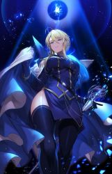 Rule 34 | 1girl, ahoge, aiguillette, artoria pendragon (fate), artoria pendragon (lancer) (fate), artoria pendragon (lancer) (formal dress) (fate), belt, blonde hair, blue eyes, blue gloves, blue jacket, blue skirt, blue thighhighs, braid, breasts, cape, chain, fate/grand order, fate (series), french braid, gloves, hair between eyes, heroic spirit formal dress, highres, jacket, kakage, large breasts, long hair, looking at viewer, military jacket, popped collar, rhongomyniad (fate), sidelocks, skirt, solo, swept bangs, thighhighs, thighs, white cape