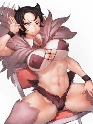 Rule 34 | 1girl, abs, beowulf (skullgirls), black eyes, black hair, breasts, cameltoe, cape, chair, covered erect nipples, female focus, folding chair, fumio (rsqkr), gender request, genderswap, large breasts, looking at viewer, muscular, muscular female, raised eyebrow, short hair, short shorts, shorts, skullgirls, solo, suspenders, the hurting, thick thighs, thighs