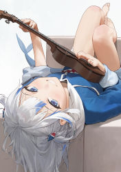 Rule 34 | 1girl, barefoot, blue eyes, blue jacket, commentary, fins, fish tail, foreshortening, gawr gura, gawr gura (1st costume), hair ornament, highres, holding, holding instrument, hololive, hololive english, instrument, jacket, legs, long hair, looking at viewer, lying, modare, on back, shark tail, sharp teeth, smile, solo, tail, teeth, thighs, toenails, toes, ukulele, virtual youtuber, white hair