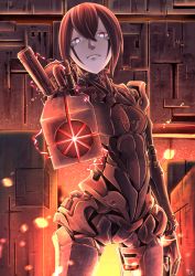Rule 34 | 1girl, aiming, aiming at viewer, arm at side, arm cannon, artist name, artist request, blame!, brown hair, brown theme, cowboy shot, cyborg, embers, facial mark, frown, graviton beam emitter, gun, hair between eyes, highres, looking at viewer, mechanical parts, pale skin, pink eyes, sanakan, science fiction, short hair, signature, solo, standing, weapon