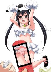 Rule 34 | 00s, 1girl, animal ears, animal hands, bandeau, bell, black eyes, black hair, blush, camera, camera phone, cat ears, cellphone, cellphone photo, collar, frills, jingle bell, k-on!, long hair, mary janes, microphone, nakano azusa, neck bell, open mouth, panties, pantyshot, paw pose, phone, pink panties, pov, round teeth, shoes, solo focus, strapless, teeth, thigh gap, thighs, tk (takotsuboya), tube top, twintails, underwear