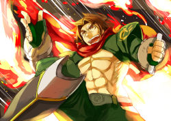 Rule 34 | 1boy, abs, arc system works, blazblue, brown hair, fire, gloves, justanotherkid, male focus, scar, scarf, shishigami bang, smile, solo, yellow eyes