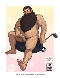 Rule 34 | 1boy, bara, beard, belly, blush, brown hair, completely nude, dungeon meshi, dwarf, erection, facial hair, fat, fat man, full body, hairy, highres, holding, holding ladle, ladle, loincloth, long beard, looking at viewer, male focus, maxxfergus, merchandise available, muscular, muscular male, mustache, navel, navel hair, nude, penis, senshi (dungeon meshi), sitting, solo, sparse navel hair, thick arm hair, thick eyebrows, thick mustache, thick navel hair, very hairy, very long beard, wok