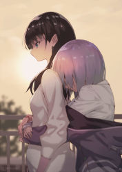 Rule 34 | 10s, 2girls, arms around waist, black hair, blue eyes, blurry, blurry background, breasts, cardigan, closed mouth, commentary request, couple, day, depth of field, faceless, faceless female, female focus, from side, gridman universe, hair between eyes, head down, highres, hug, hug from behind, jacket, jonsun, leaning, leaning on person, light purple hair, long hair, long sleeves, multiple girls, off shoulder, orange scrunchie, outdoors, profile, purple jacket, railing, sad, scrunchie, shinjou akane, shirt, short hair, sidelocks, sky, sleeves past wrists, small breasts, ssss.gridman, standing, sun, takarada rikka, twitter username, upper body, white cardigan, white shirt, wrist scrunchie, yuri