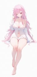 1girl absurdres alternate_costume babydoll barefoot breasts cleavage highres hololive hololive_english koahri large_breasts legs long_hair looking_at_viewer mori_calliope navel one_eye_closed panties pink_eyes pink_hair see-through_clothes simple_background solo underwear virtual_youtuber white_background