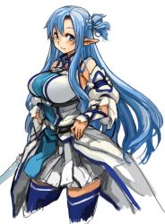 Rule 34 | 10s, 1girl, asuna (sao), asuna (sao-alo), bare shoulders, blue eyes, blue hair, blue thighhighs, breasts, cowboy shot, detached sleeves, jewelry, large breasts, long hair, looking at viewer, matching hair/eyes, perky breasts, pointy ears, ring, sachito, simple background, sketch, skirt, smile, solo, standing, sword art online, thighhighs, thighs, very long hair, wedding band, white background