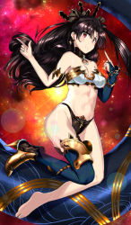 Rule 34 | 1girl, armlet, bare arms, bare legs, bare shoulders, barefoot, bikini, black collar, black hair, black panties, black ribbon, blue thighhighs, blush, breasts, closed mouth, collar, crown, earrings, fate/grand order, fate (series), female focus, floating hair, full body, hair ribbon, hands up, high heels, highres, hoop earrings, index finger raised, ishtar (fate), jewelry, legs, long hair, looking at viewer, lots of jewelry, medium breasts, navel, panties, parted bangs, pointing, red eyes, revealing clothes, ribbon, shoes, single high heel, single shoe, single thighhigh, smile, solo, strapless, swimsuit, thighhighs, tohsaka rin, tube top, two side up, type-moon, underwear, white tube top
