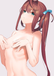 Rule 34 | 1girl, akagi kurage, asagumo (kancolle), blue eyes, blue ribbon, blush, breasts, brown hair, closed mouth, covering privates, covering breasts, grey background, hair ribbon, hair rings, highres, kantai collection, long hair, nude, ribbon, simple background, small breasts, solo, twintails, upper body