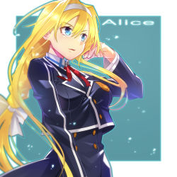Rule 34 | 1girl, alice zuberg, arm at side, blonde hair, blue eyes, border, bow, braid, breasts, buttons, character name, commentary request, cropped jacket, double-breasted, floating hair, hair between eyes, hairband, hand in own hair, hand up, highres, is ii, long hair, long skirt, long sleeves, nail polish, neck ribbon, parted lips, red ribbon, ribbon, skirt, smile, solo, sword art online, sword art online: alicization, white border, white bow, white hairband, white nails, wing collar