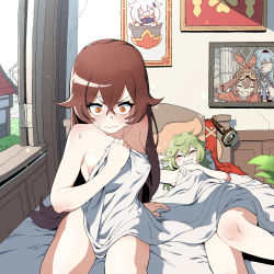 Rule 34 | 2girls, @ @, amber (genshin impact), bed sheet, blush, brown eyes, brown hair, building, closed eyes, closed mouth, collei (genshin impact), drooling, genshin impact, goggles, unworn goggles, green hair, hair flaps, highres, indoors, johnlim, long hair, lying, morning, multiple girls, naked sheet, on back, on bed, paimon (genshin impact), painting (object), sleeping, smile, sweat, thighs, v-shaped eyebrows, very long hair, wavy mouth, wide-eyed, window, yuri