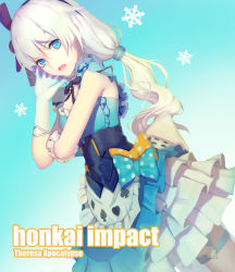Rule 34 | 1girl, apron, black bow, black bowtie, blue dress, blue eyes, blush, bow, bowtie, breasts, character name, dress, dress bow, estcc, gloves, hair between eyes, hair ornament, hair tie, highres, honkai (series), honkai impact 3rd, layered dress, long hair, looking at viewer, low twintails, open mouth, sidelocks, silver hair, small breasts, snowflakes, solo, theresa apocalypse, twintails, waist apron, white gloves
