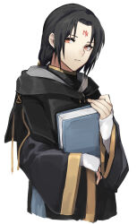 Rule 34 | 1boy, black hair, black robe, book, closed mouth, cropped legs, facial mark, fingerless gloves, fire emblem, forehead mark, gloves, gold trim, hair tubes, hand up, highres, holding, holding book, hood, hood down, hooded robe, long hair, long sleeves, looking at viewer, looking to the side, low ponytail, male focus, nintendo, orange eyes, parted bangs, robe, seinikuten, simple background, solo, soren (fire emblem), white background, white gloves, wide sleeves