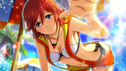 Rule 34 | 1girl, armpits, bare arms, bent over, bikini, bikini under clothes, blue eyes, blurry, breasts, cleavage, collarbone, day, depth of field, dripping, from below, game cg, hanging breasts, jewelry, kaname buccaneer, lens flare, looking at viewer, macross, macross delta, midriff, navel, necklace, official art, open clothes, outdoors, red hair, short hair, sideboob, smile, solo, swimsuit, uta macross sumaho deculture, wet, wet clothes, wet hair
