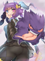 Rule 34 | 1990s (style), 1girl, :p, argyle, argyle clothes, argyle legwear, black jacket, black pantyhose, black skirt, blue eyes, blue hair, blush, breasts, colored sclera, cowboy shot, creatures (company), eyebrows, fang, from behind, game freak, gen 1 pokemon, gengar, glowing, hair bobbles, hair ornament, hair over shoulder, heterochromia, jacket, long sleeves, looking at viewer, looking back, low twintails, microskirt, multicolored hair, naso4, nintendo, open clothes, open jacket, original, pantyhose, pokemon, pokemon (creature), pokemon rgby, purple hair, red eyes, red sclera, retro artstyle, short hair, skirt, slit pupils, small breasts, spikes, standing, star (symbol), teeth, thick eyebrows, tongue, tongue out, twintails, two-tone hair