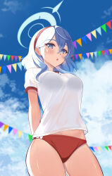 Rule 34 | 1girl, absurdres, ako (blue archive), arms behind back, blue archive, blue eyes, blue hair, blue halo, blush, bra visible through clothes, breasts, buruma, cowboy shot, day, ear piercing, gym shirt, hair between eyes, hairband, halo, highres, large breasts, long hair, melow menow, open mouth, piercing, red buruma, red hairband, see-through, see-through shirt, shirt, short sleeves, solo, wet, wet clothes, wet shirt, white shirt