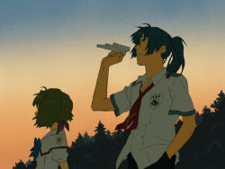 Rule 34 | 00s, 1boy, 1girl, blue bow, blue bowtie, blue hair, bow, bowtie, closed mouth, collared shirt, dress shirt, green eyes, green hair, hand in pocket, holding, kasuga (artist), light frown, looking away, looking to the side, macross, macross frontier, necktie, pants, paper airplane, ponytail, ranka lee, red necktie, saotome alto, school uniform, shirt, short hair, short sleeves, sky, tassel, tree, twilight