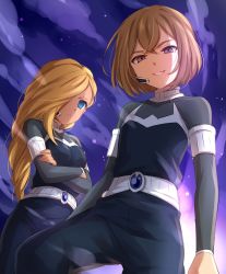 Rule 34 | 1boy, 1girl, belt, blonde hair, blue eyes, brown hair, cloud, cloudy sky, commentary request, crossed arms, einamu, hair over one eye, highres, inazuma eleven (series), inazuma eleven go, inazuma eleven go chrono stone, long hair, long sleeves, looking at viewer, microphone, night, night sky, one eye covered, outdoors, pants, parted lips, purple eyes, purple sky, reiza, sekina, sky, smile, standing