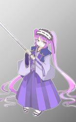 Rule 34 | 1girl, absurdly long hair, chatora0423, commentary request, cosplay, fate/grand order, fate/stay night, fate (series), full body, gradient background, grey background, hairband, highres, holding, holding sword, holding weapon, japanese clothes, katana, lolita hairband, long hair, looking at viewer, monohoshizao, purple hair, sandals, sasaki kojirou (fate), sasaki kojirou (fate) (cosplay), smile, solo, stheno (fate), sword, twintails, very long hair, weapon, white legwear, wide sleeves