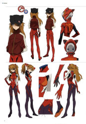 Rule 34 | 10s, 1girl, absurdres, adjusting hair, animal ears, animal hat, ass, badge, blue eyes, bodysuit, breasts, bunching hair, button badge, cat ears, cat hat, character sheet, coat, english text, engrish text, evangelion: 3.0 you can (not) redo, eyepatch, female focus, full body, hair ornament, hand on own hip, hands in pockets, hat, helmet, highres, jacket, long hair, looking at viewer, multiple views, neon genesis evangelion, non-web source, official art, orange hair, plugsuit, ranguage, rebuild of evangelion, red bodysuit, scan, science fiction, shiny clothes, simple background, smile, solo, souryuu asuka langley, track jacket, twintails, wide hips