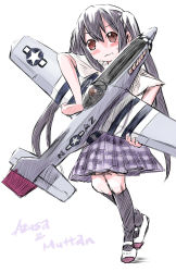 Rule 34 | 1girl, aircraft, airplane, blonde hair, brown eyes, escort fighter, female focus, full body, highres, hirasawa yui, k-on!, long hair, military, mtr, nakano azusa, p-51 mustang, pun, school uniform, shoes, simple background, sketch, solo, twintails, uwabaki, vehicle focus, wavy mouth, white background, world war ii