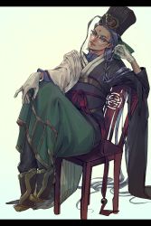 Rule 34 | 1boy, absurdres, ahoge, chair, chen gong (fate), chinese clothes, chinese hat, crossed legs, dark-skinned male, dark skin, facial mark, fate/grand order, fate (series), forehead mark, full body, glasses, gloves, grey-framed eyewear, hat, head tilt, highres, letterboxed, long hair, male focus, noka (noka8103), purple eyes, purple hair, simple background, sitting, solo, white background, white gloves