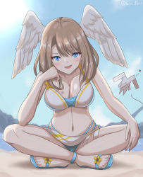 Rule 34 | 1girl, :d, absurdres, artist name, beach, bikini, blue eyes, blue footwear, blush, breast tattoo, breasts, cleavage, commentary request, eunie (xenoblade), full body, head wings, highres, indian style, mondo (xenoblade 3), light brown hair, looking at viewer, medium breasts, medium hair, multi-strapped bikini bottom, navel, official alternate costume, open mouth, outdoors, ryochan96154, sandals, sitting, smile, solo, swimsuit, tattoo, white wings, wings, xenoblade chronicles (series), xenoblade chronicles 3